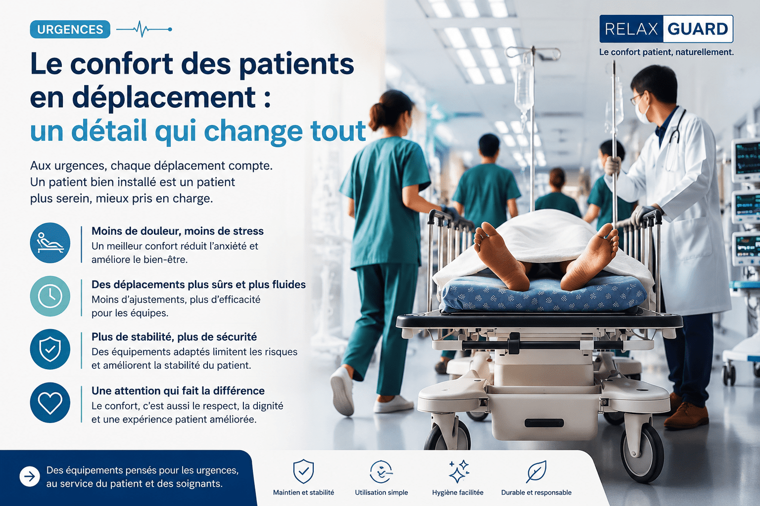 Patient installé sur un brancard aux urgences avec coussin de confort pendant un déplacement hospitalier