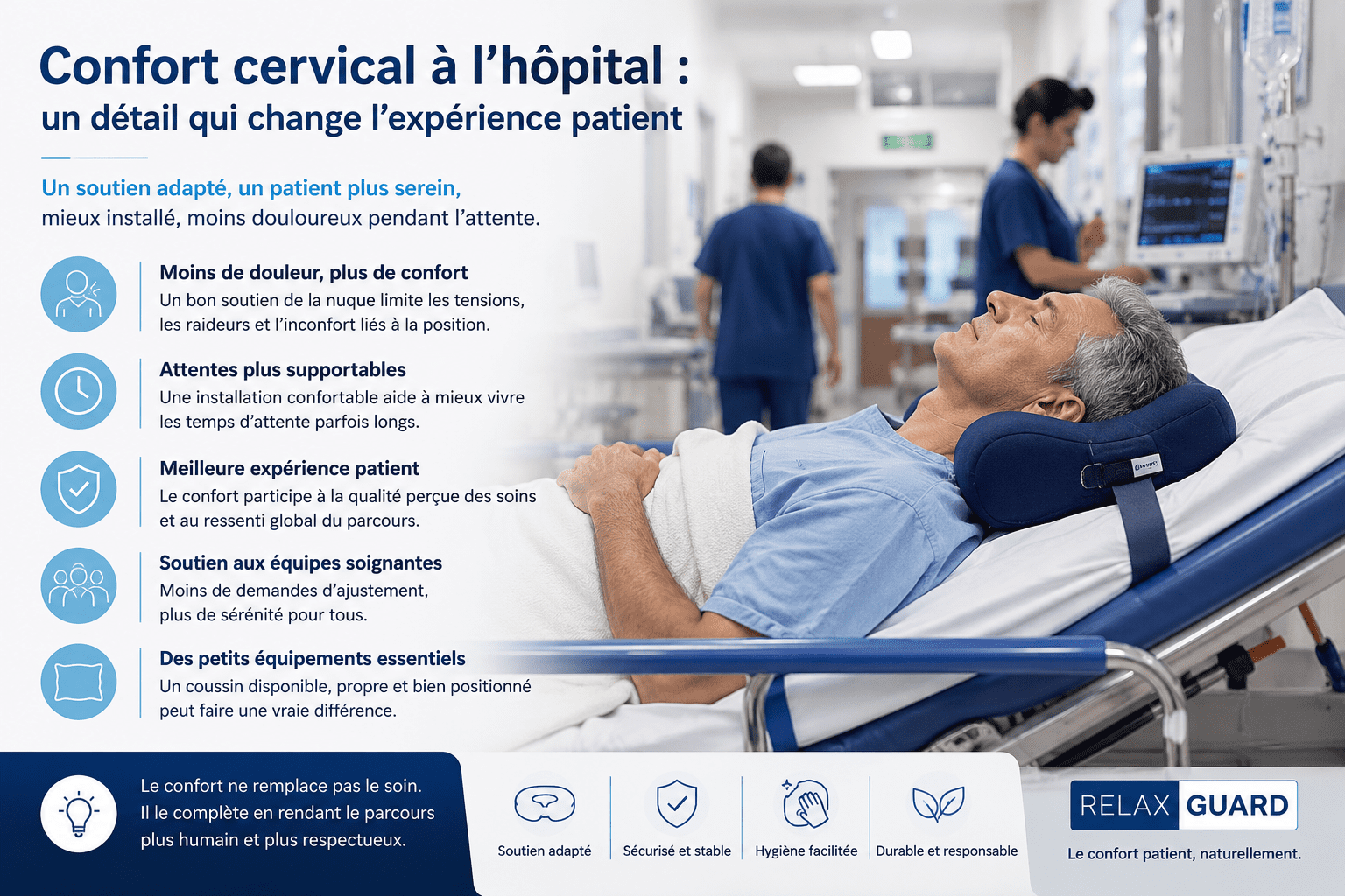 Patient installé sur un brancard avec un coussin cervical sécurisé illustrant le confort de la nuque à l’hôpital
