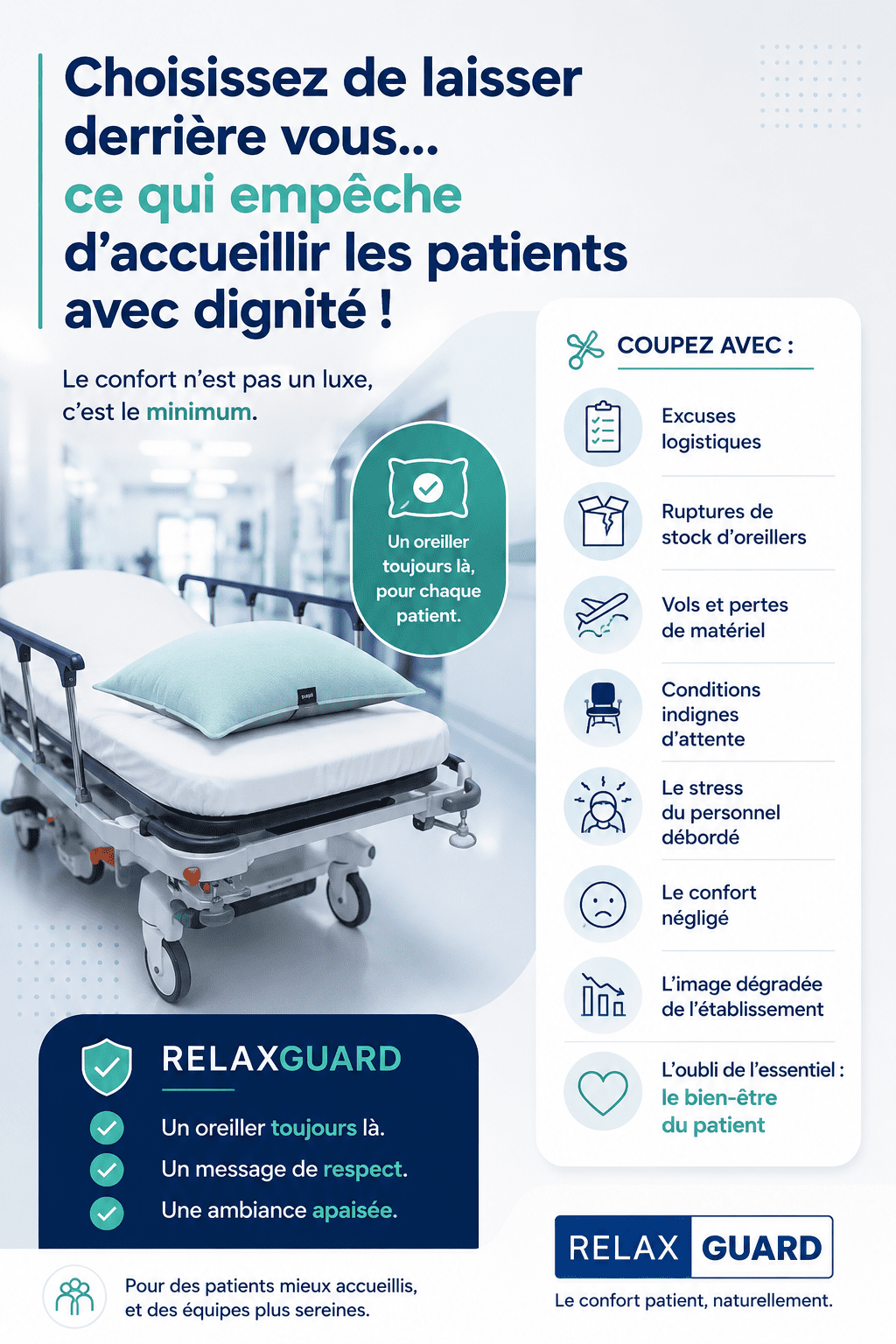 Brancard hospitalier avec coussin illustrant l’importance du confort patient, de la dignité et de la disponibilité des oreillers à l’hôpital