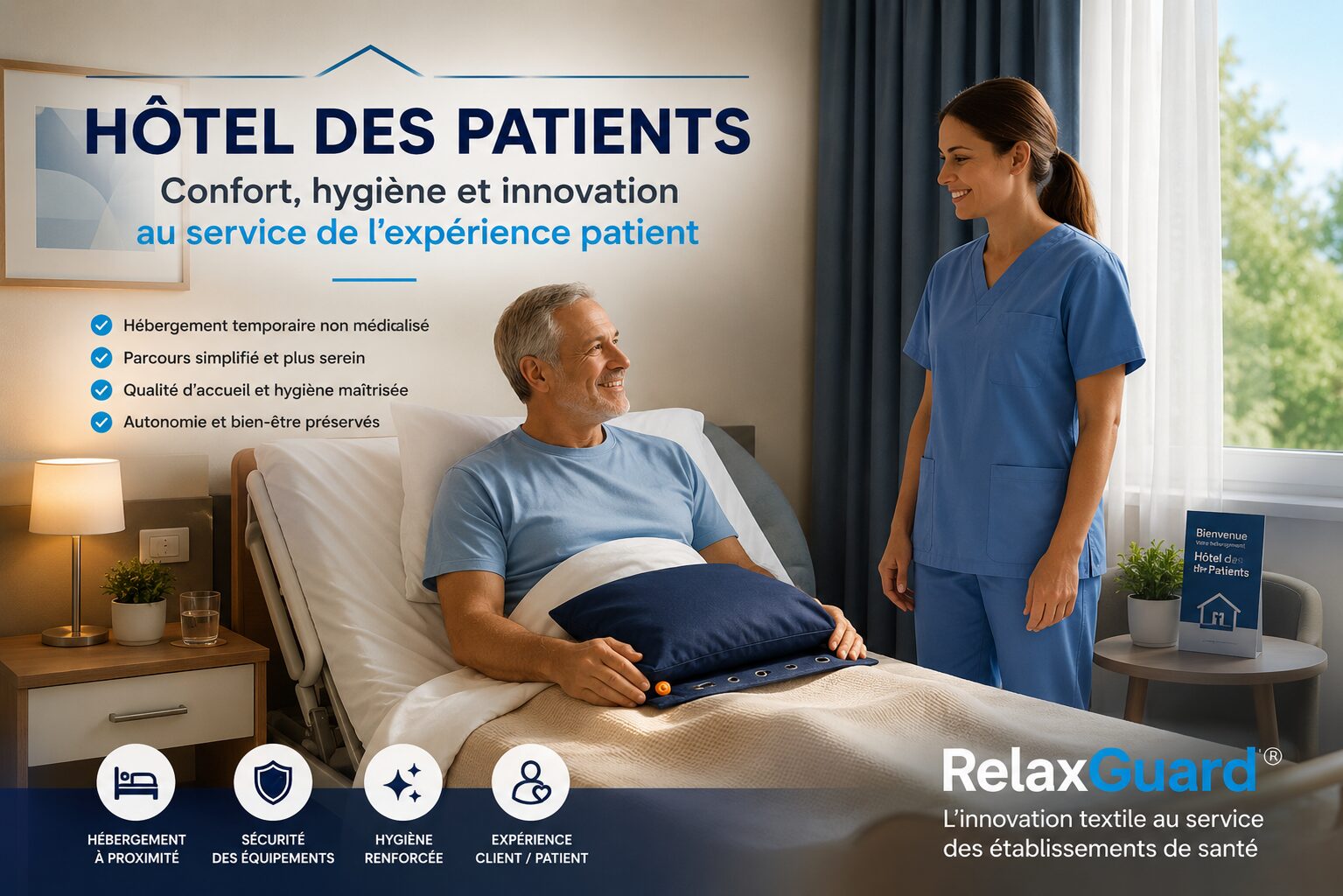Hôtel hospitalier avec patient en chambre, professionnelle de santé et coussin RelaxGuard illustrant le confort, l’hygiène et l’expérience patient