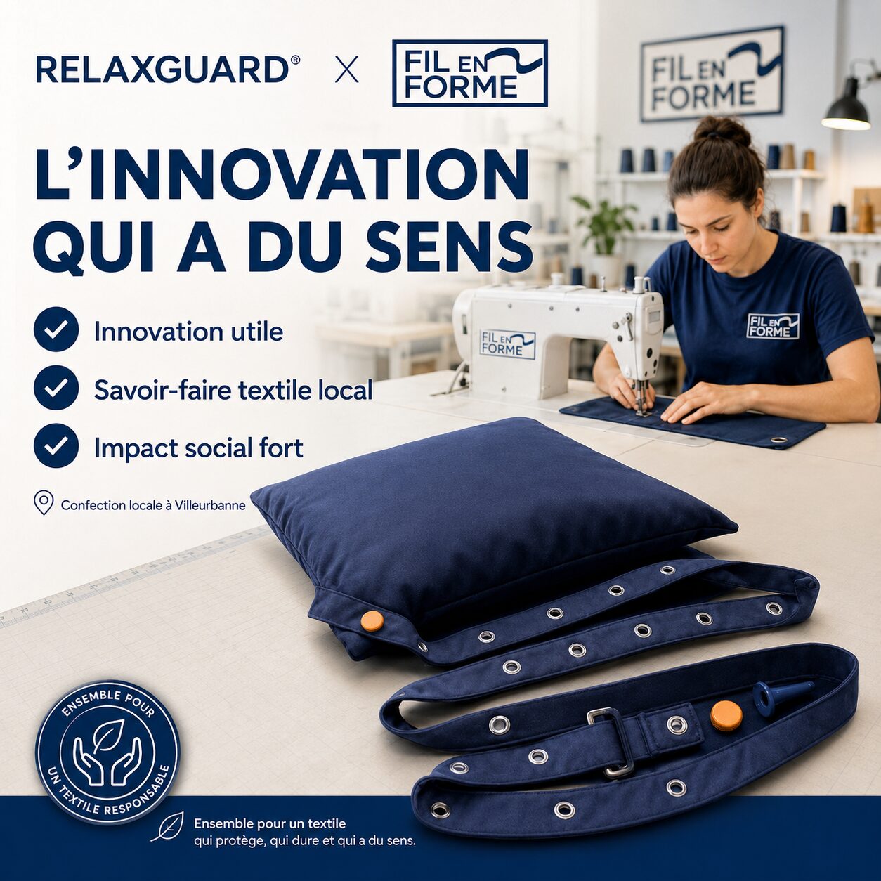 Housse RelaxGuard avec sangle à œillets fabriquée en collaboration avec l’atelier textile Fil en Forme