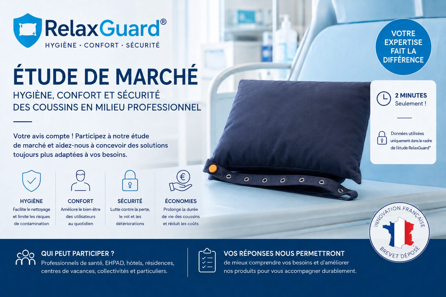 Coussin RelaxGuard avec housse textile sécurisée, sangle à œillets et système de maintien pour étude de marché