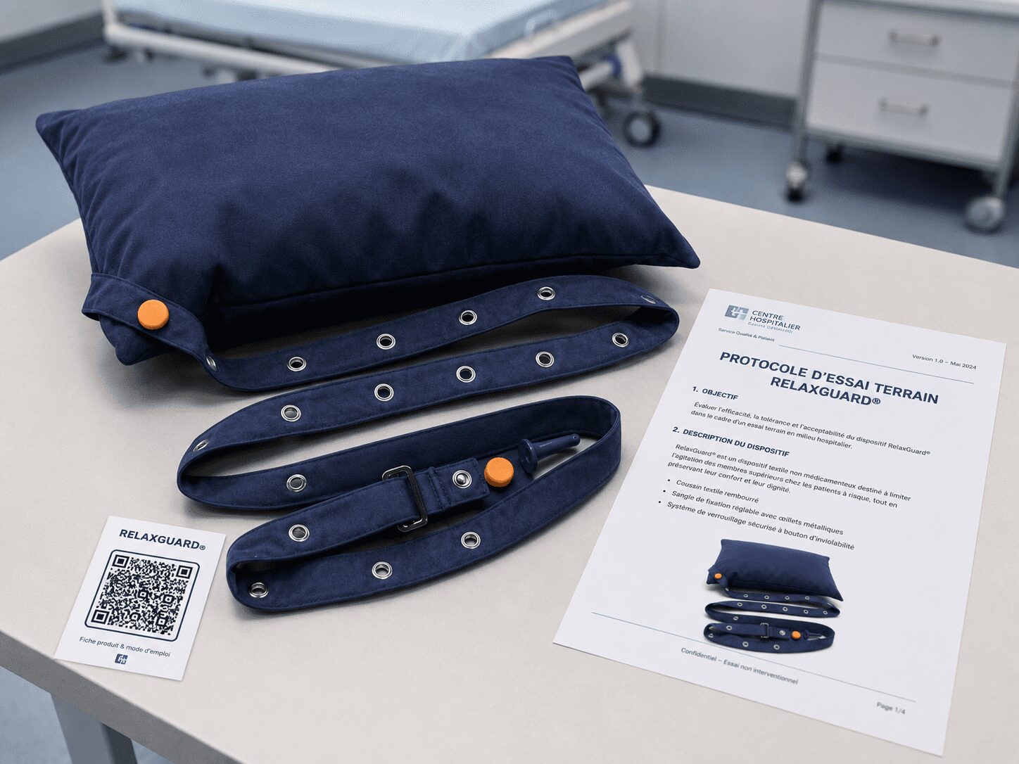 Dispositif RelaxGuard® préparé pour un essai d’usage terrain non clinique en milieu hospitalier.