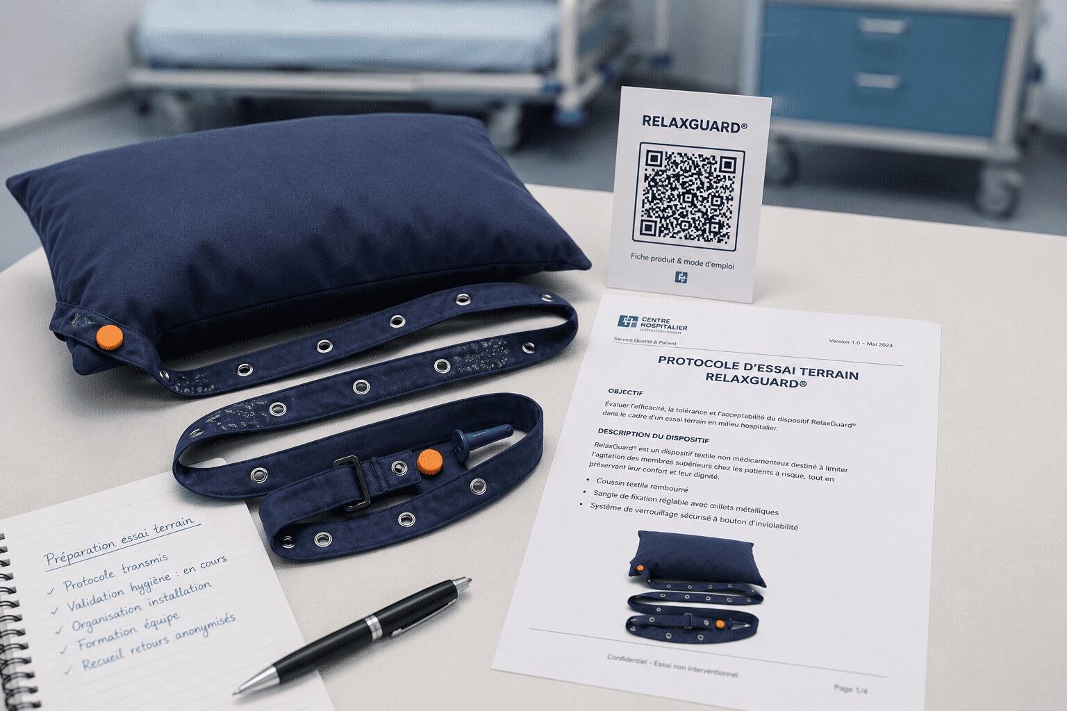 Protocole d’essai terrain RelaxGuard® posé avec un dispositif textile et un QR code