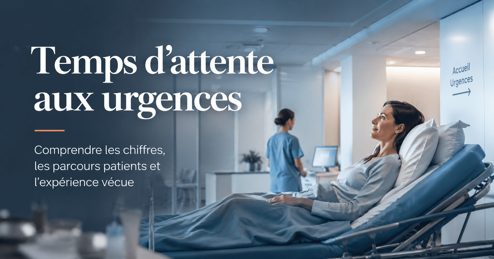 Patiente installée sur un brancard dans un service d’urgences moderne, illustrant l’attente et l’expérience patient.